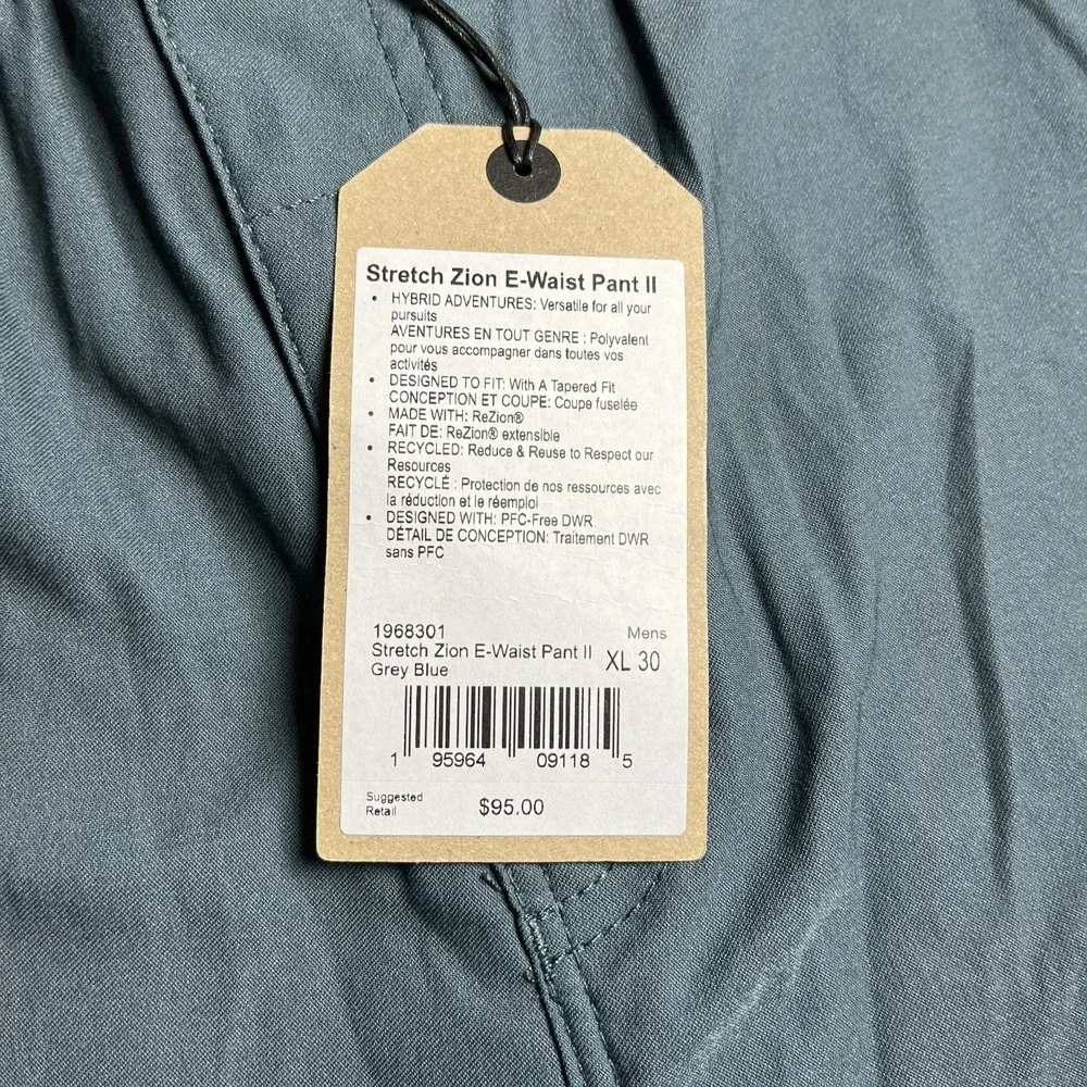 Prana Mens XL‎ x 30 Stretch Zion E-Waist Pants II Grey Blue Standard Fit - NWT